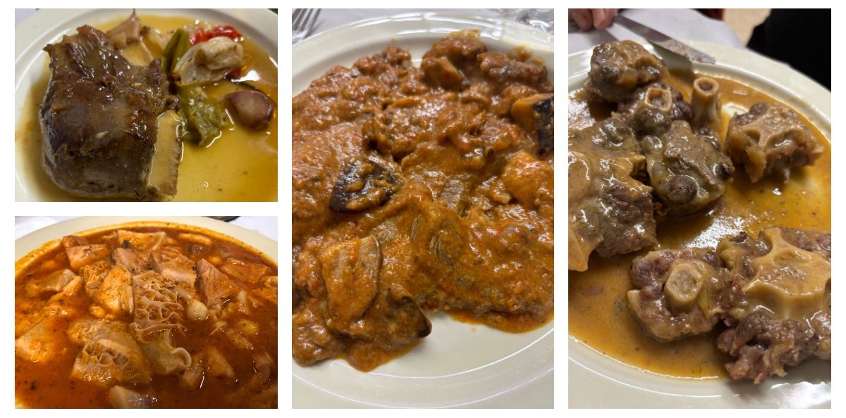 Alguns dels plats clàssics dels esmorzars de forquilla, galta, tripa, fricandó i cua de bou, fets al Bar Bruxas - Club Petanca Poblenou, per a la trobada d'aquest dissabte del grup impulsor de l'app EsmorzApp / Cedida