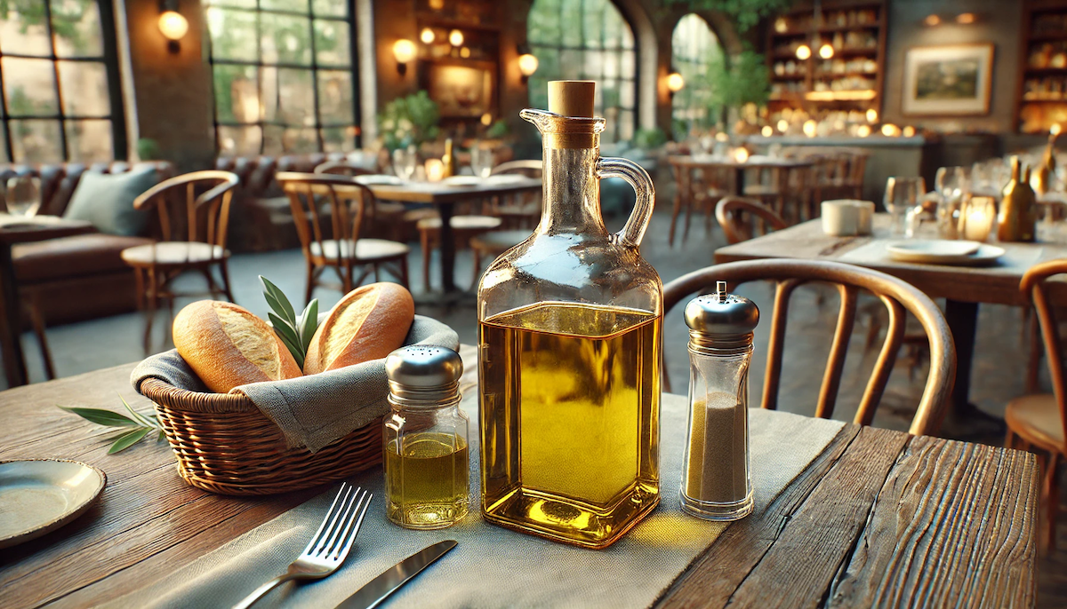 Oli d'oliva en una ampolla en un restaurant 