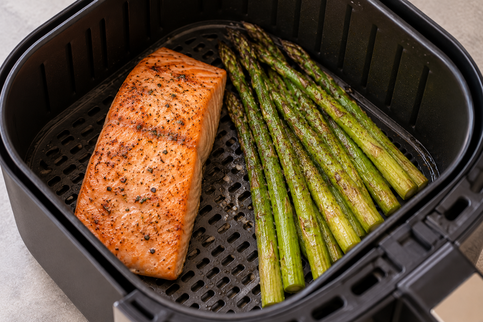 Salmó i espàrrecs verds en una air fryer 